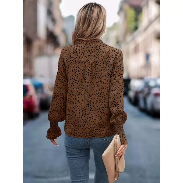 ECOWISH Long Sleeve Shirts for Women Button Down Casual Fall Tops V Neck Polka Dot Trendy Tunic Dressy Fashion Spring BlouseCoffee Black