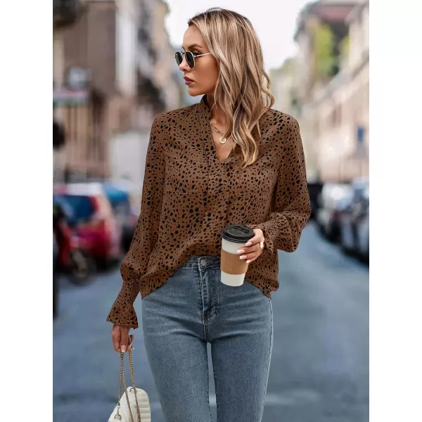 ECOWISH Long Sleeve Shirts for Women Button Down Casual Fall Tops V Neck Polka Dot Trendy Tunic Dressy Fashion Spring BlouseCoffee Black