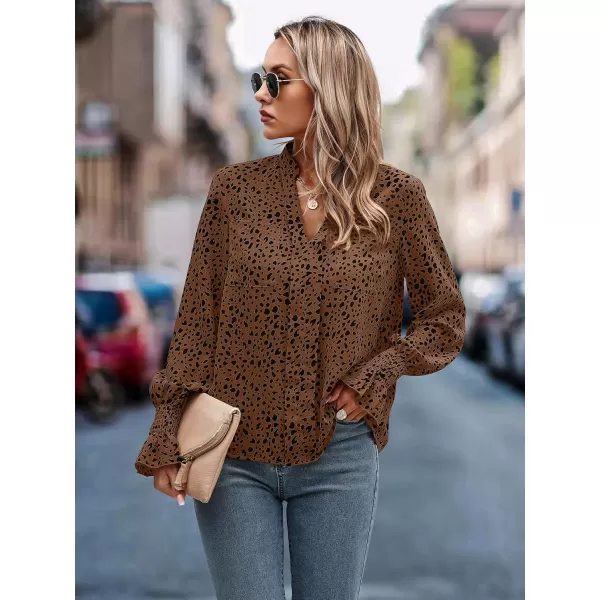 ECOWISH Long Sleeve Shirts for Women Button Down Casual Fall Tops V Neck Polka Dot Trendy Tunic Dressy Fashion Spring BlouseCoffee Black