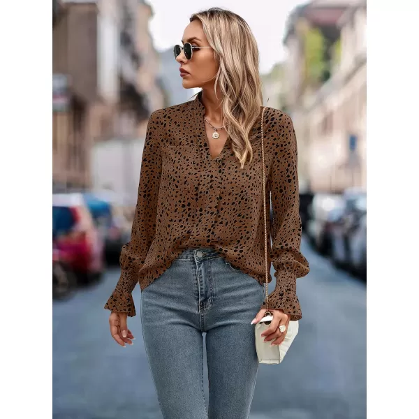 ECOWISH Long Sleeve Shirts for Women Button Down Casual Fall Tops V Neck Polka Dot Trendy Tunic Dressy Fashion Spring BlouseCoffee Black