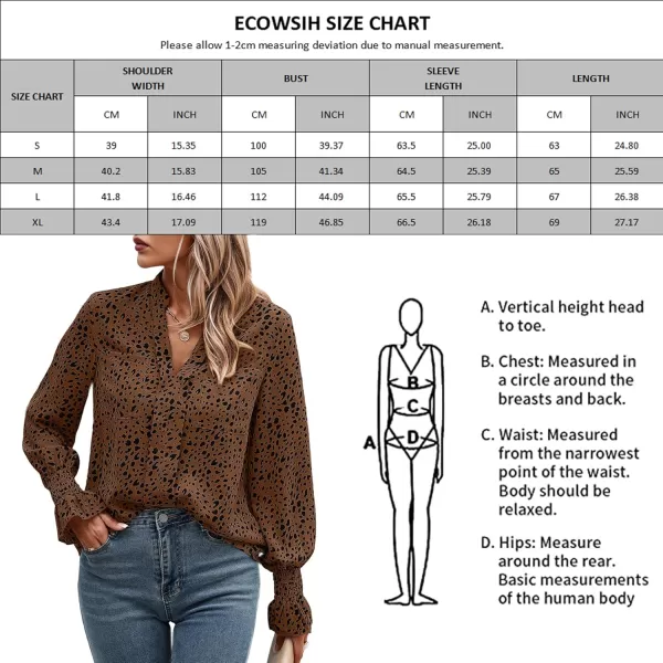 ECOWISH Long Sleeve Shirts for Women Button Down Casual Fall Tops V Neck Polka Dot Trendy Tunic Dressy Fashion Spring BlouseCoffee Black