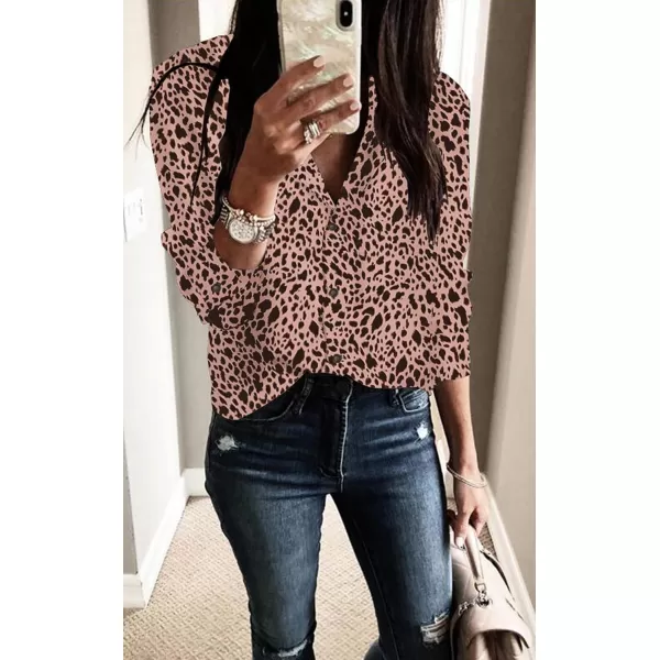 ECOWISH Long Sleeve Shirts for Women Button Down Casual Fall Tops V Neck Polka Dot Trendy Tunic Dressy Fashion Spring BlousePink