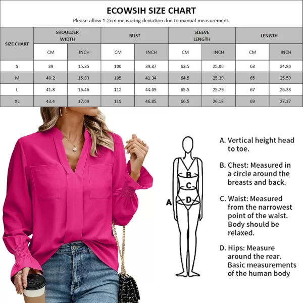 ECOWISH Long Sleeve Shirts for Women Button Down Casual Fall Tops V Neck Polka Dot Trendy Tunic Dressy Fashion Spring BlouseSrose Red