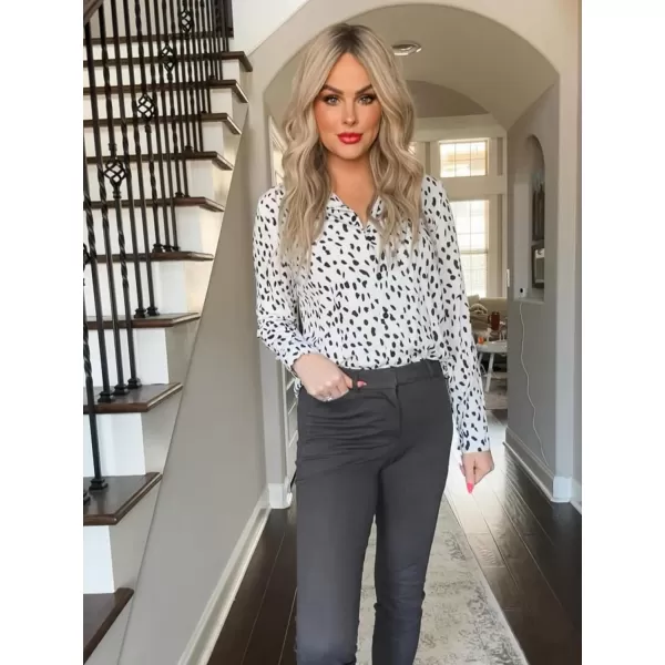 ECOWISH Long Sleeve Shirts for Women Button Down Casual Fall Tops V Neck Polka Dot Trendy Tunic Dressy Fashion Spring BlouseWhite Black