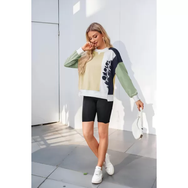 ECOWISH Oversized Sweatshirt for Women Color Block Crewneck Long Sleeve Shirts Casual Workout Pullover Tops Fall ClothesApricot Green