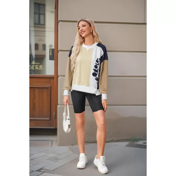 ECOWISH Oversized Sweatshirt for Women Color Block Crewneck Long Sleeve Shirts Casual Workout Pullover Tops Fall ClothesApricot Khaki