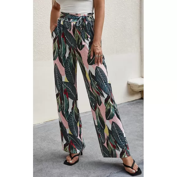 ECOWISH Wide Leg Pants for Women Summer 2024 Palazzo Tropical Floral Casual High Waist Flared Trousers with Pockets185 Blackish Green