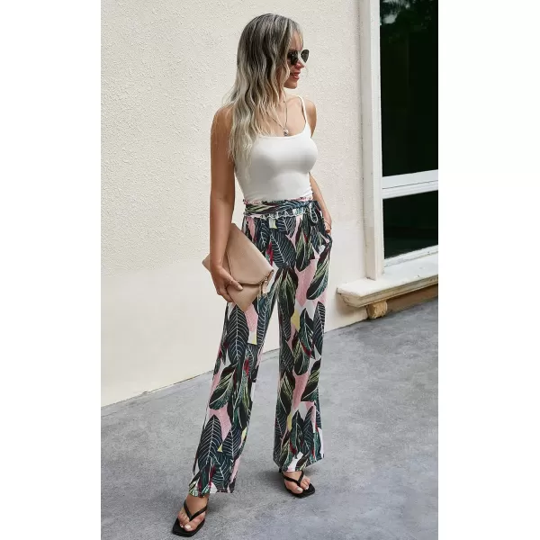 ECOWISH Wide Leg Pants for Women Summer 2024 Palazzo Tropical Floral Casual High Waist Flared Trousers with Pockets185 Blackish Green