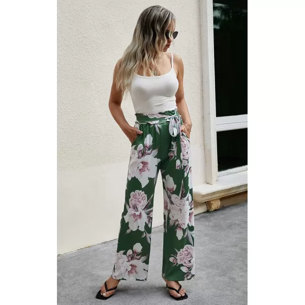 ECOWISH Wide Leg Pants for Women Summer 2024 Palazzo Tropical Floral Casual High Waist Flared Trousers with Pockets185 Green
