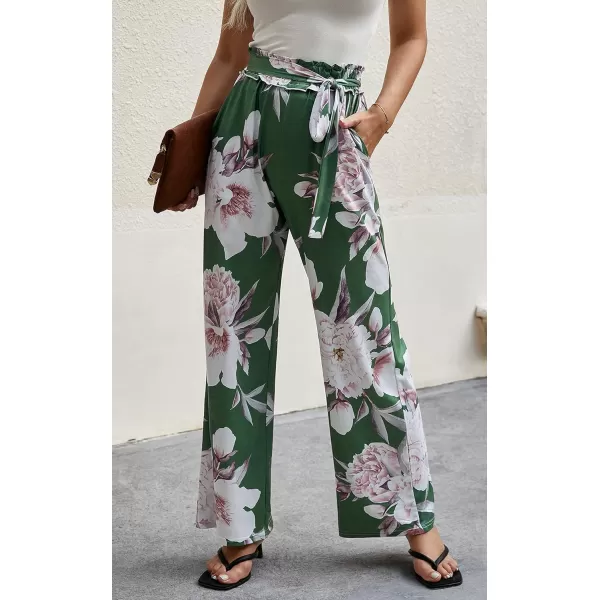 ECOWISH Wide Leg Pants for Women Summer 2024 Palazzo Tropical Floral Casual High Waist Flared Trousers with Pockets185 Green