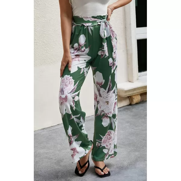 ECOWISH Wide Leg Pants for Women Summer 2024 Palazzo Tropical Floral Casual High Waist Flared Trousers with Pockets185 Green