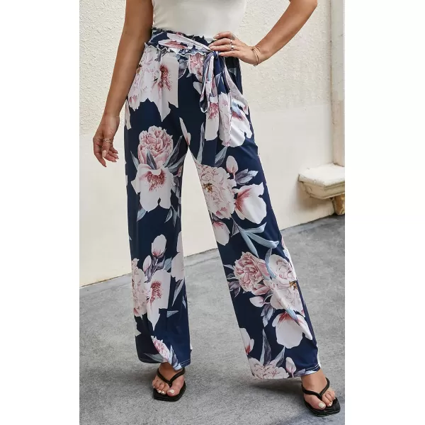 ECOWISH Wide Leg Pants for Women Summer 2024 Palazzo Tropical Floral Casual High Waist Flared Trousers with Pockets185 Navy