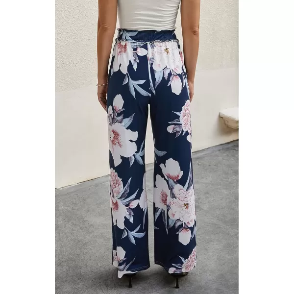 ECOWISH Wide Leg Pants for Women Summer 2024 Palazzo Tropical Floral Casual High Waist Flared Trousers with Pockets185 Navy