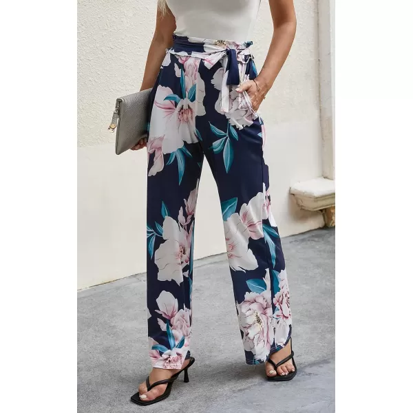 ECOWISH Wide Leg Pants for Women Summer 2024 Palazzo Tropical Floral Casual High Waist Flared Trousers with Pockets185 Navy Blue Leaf Pink Flower