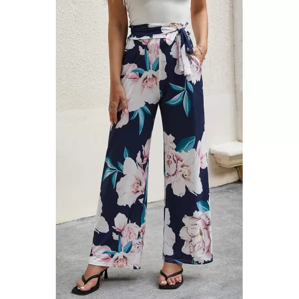 ECOWISH Wide Leg Pants for Women Summer 2024 Palazzo Tropical Floral Casual High Waist Flared Trousers with Pockets185 Navy Blue Leaf Pink Flower