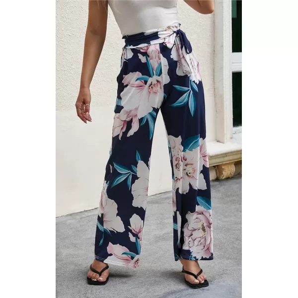 ECOWISH Wide Leg Pants for Women Summer 2024 Palazzo Tropical Floral Casual High Waist Flared Trousers with Pockets185 Navy Blue Leaf Pink Flower