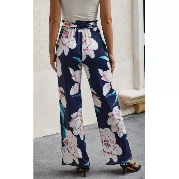 ECOWISH Wide Leg Pants for Women Summer 2024 Palazzo Tropical Floral Casual High Waist Flared Trousers with Pockets185 Navy Blue Leaf Pink Flower