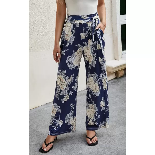 ECOWISH Wide Leg Pants for Women Summer 2024 Palazzo Tropical Floral Casual High Waist Flared Trousers with Pockets185 Navy White Flower