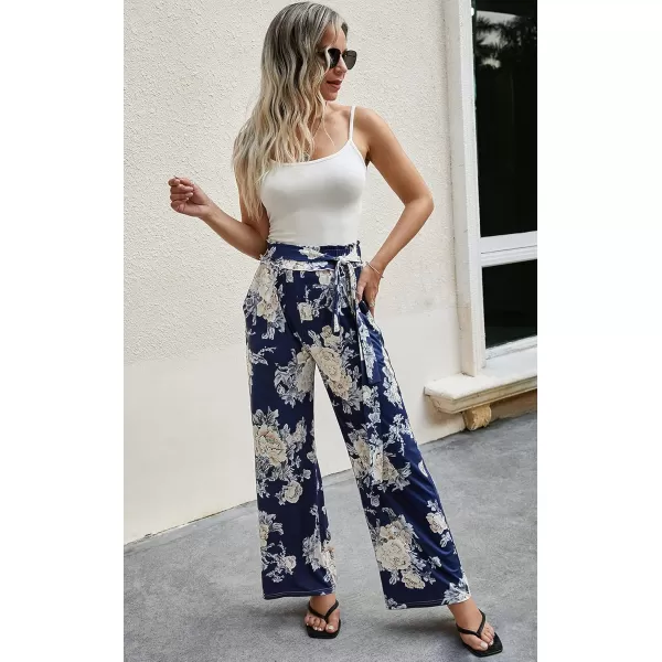 ECOWISH Wide Leg Pants for Women Summer 2024 Palazzo Tropical Floral Casual High Waist Flared Trousers with Pockets185 Navy White Flower