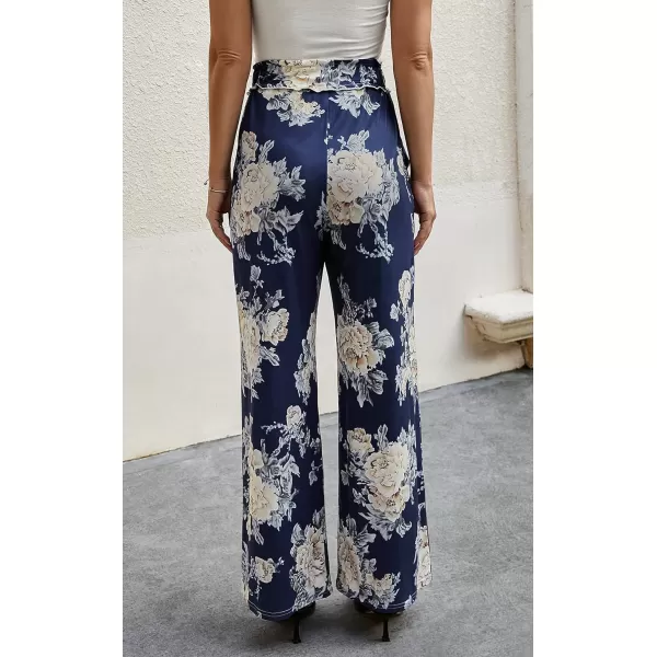 ECOWISH Wide Leg Pants for Women Summer 2024 Palazzo Tropical Floral Casual High Waist Flared Trousers with Pockets185 Navy White Flower