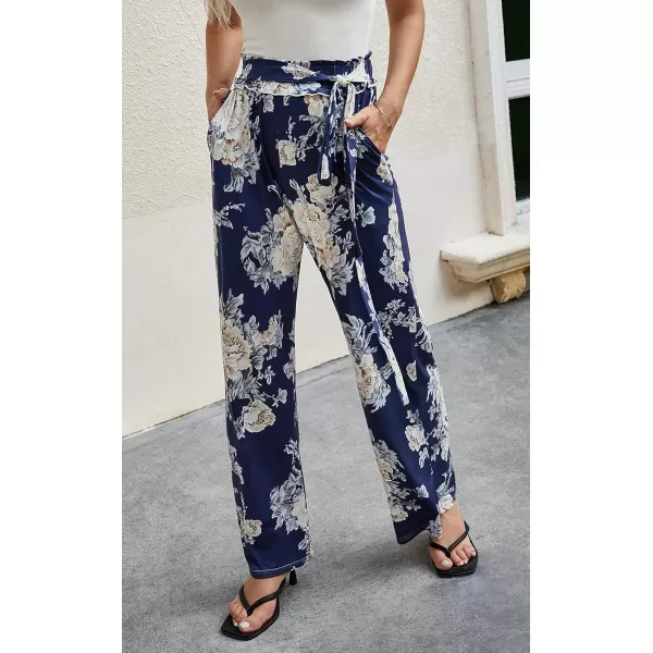 ECOWISH Wide Leg Pants for Women Summer 2024 Palazzo Tropical Floral Casual High Waist Flared Trousers with Pockets185 Navy White Flower