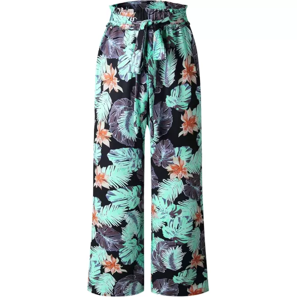 ECOWISH Wide Leg Pants for Women Summer 2024 Palazzo Tropical Floral Casual High Waist Flared Trousers with PocketsBlack
