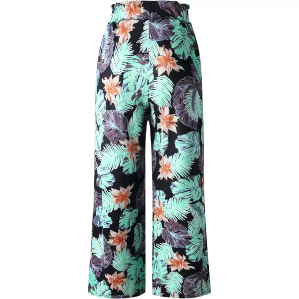 ECOWISH Wide Leg Pants for Women Summer 2024 Palazzo Tropical Floral Casual High Waist Flared Trousers with PocketsBlack