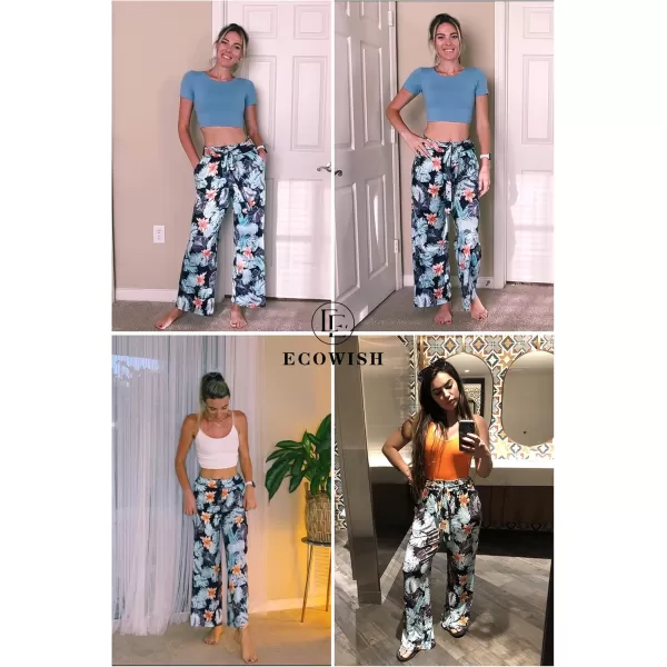 ECOWISH Wide Leg Pants for Women Summer 2024 Palazzo Tropical Floral Casual High Waist Flared Trousers with PocketsBlack