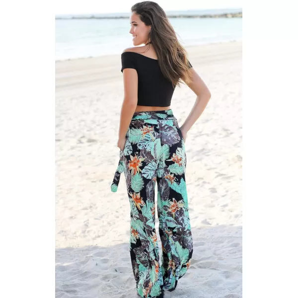 ECOWISH Wide Leg Pants for Women Summer 2024 Palazzo Tropical Floral Casual High Waist Flared Trousers with PocketsBlack