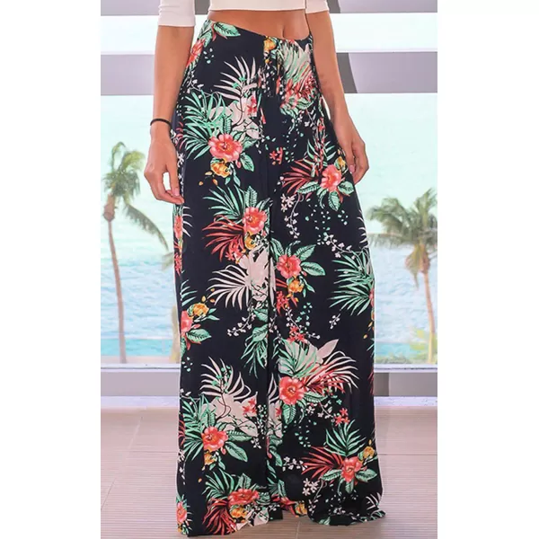 ECOWISH Wide Leg Pants for Women Summer 2024 Palazzo Tropical Floral Casual High Waist Flared Trousers with PocketsNavy Blue