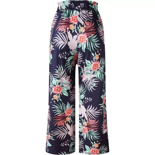 ECOWISH Wide Leg Pants for Women Summer 2024 Palazzo Tropical Floral Casual High Waist Flared Trousers with PocketsNavy Blue