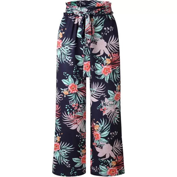 ECOWISH Wide Leg Pants for Women Summer 2024 Palazzo Tropical Floral Casual High Waist Flared Trousers with PocketsNavy Blue