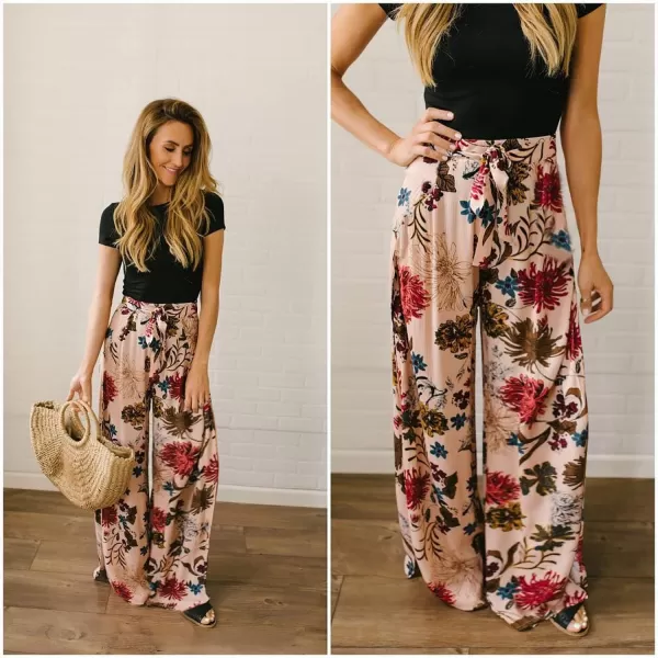 ECOWISH Wide Leg Pants for Women Summer 2024 Palazzo Tropical Floral Casual High Waist Flared Trousers with PocketsPink