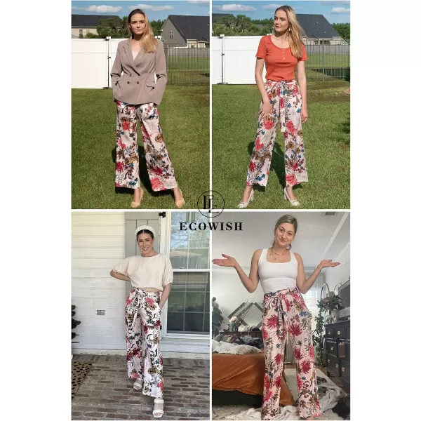 ECOWISH Wide Leg Pants for Women Summer 2024 Palazzo Tropical Floral Casual High Waist Flared Trousers with PocketsPink