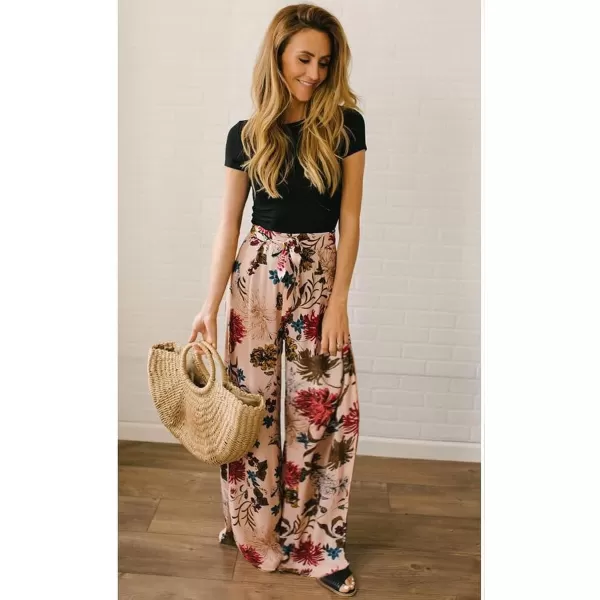 ECOWISH Wide Leg Pants for Women Summer 2024 Palazzo Tropical Floral Casual High Waist Flared Trousers with PocketsPink