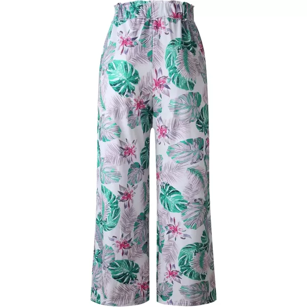 ECOWISH Wide Leg Pants for Women Summer 2024 Palazzo Tropical Floral Casual High Waist Flared Trousers with PocketsWhite