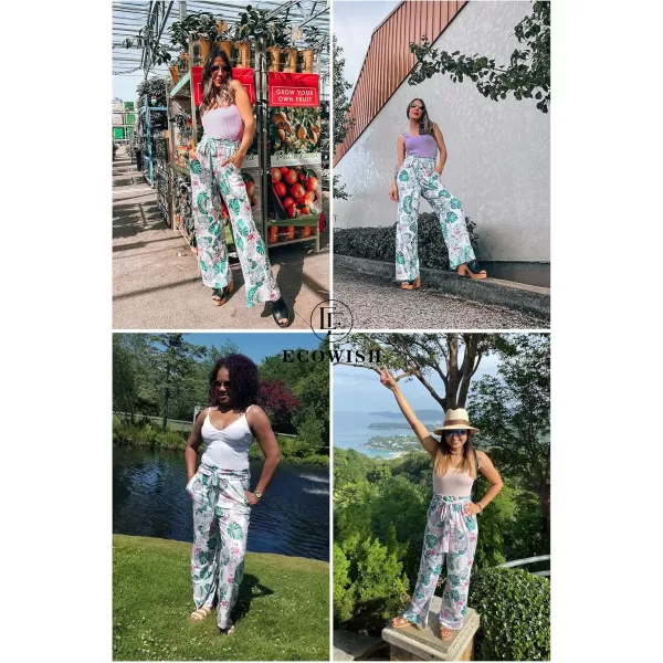ECOWISH Wide Leg Pants for Women Summer 2024 Palazzo Tropical Floral Casual High Waist Flared Trousers with PocketsWhite