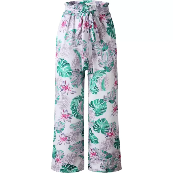 ECOWISH Wide Leg Pants for Women Summer 2024 Palazzo Tropical Floral Casual High Waist Flared Trousers with PocketsWhite