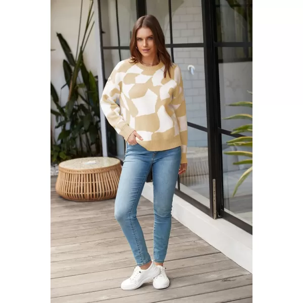 ECOWISH Women Crewneck Pullover Sweater Fall Winter Long Sleeve Casual Ribbed Knit Side Slit Colorblock Jumper Tops397 Beige