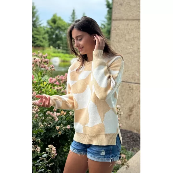 ECOWISH Women Crewneck Pullover Sweater Fall Winter Long Sleeve Casual Ribbed Knit Side Slit Colorblock Jumper Tops397 Beige