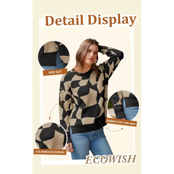 ECOWISH Women Crewneck Pullover Sweater Fall Winter Long Sleeve Casual Ribbed Knit Side Slit Colorblock Jumper Tops397 Black