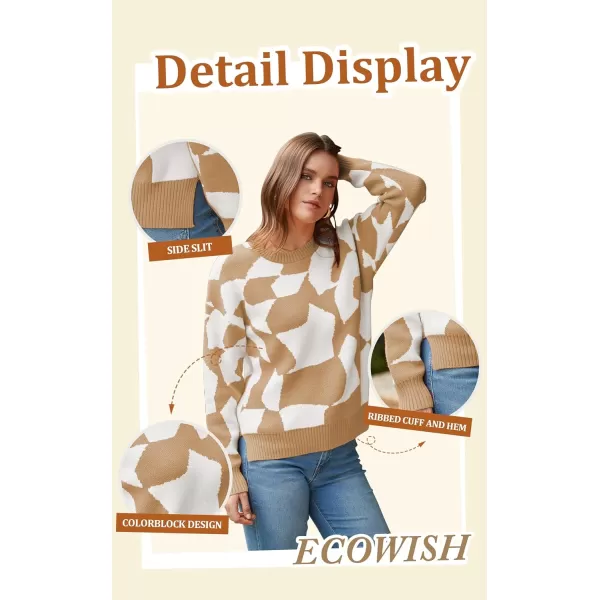 ECOWISH Women Crewneck Pullover Sweater Fall Winter Long Sleeve Casual Ribbed Knit Side Slit Colorblock Jumper Tops397 Khaki