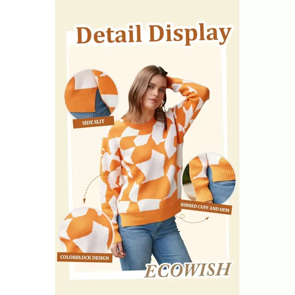 ECOWISH Women Crewneck Pullover Sweater Fall Winter Long Sleeve Casual Ribbed Knit Side Slit Colorblock Jumper Tops397 Orange