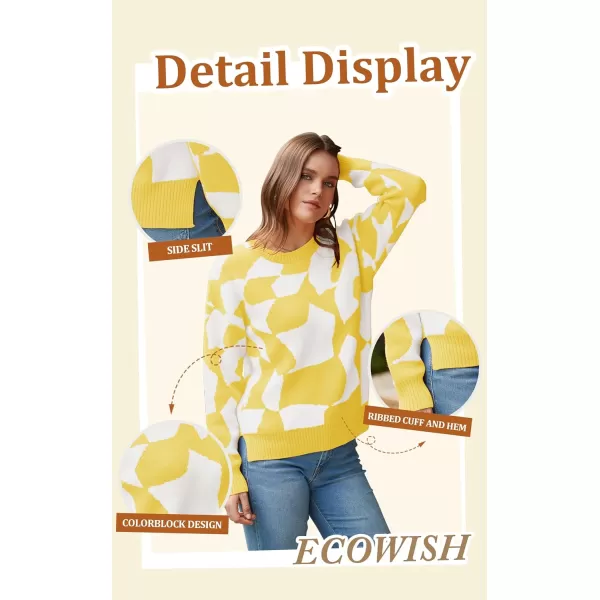 ECOWISH Women Crewneck Pullover Sweater Fall Winter Long Sleeve Casual Ribbed Knit Side Slit Colorblock Jumper Tops397 Yellow