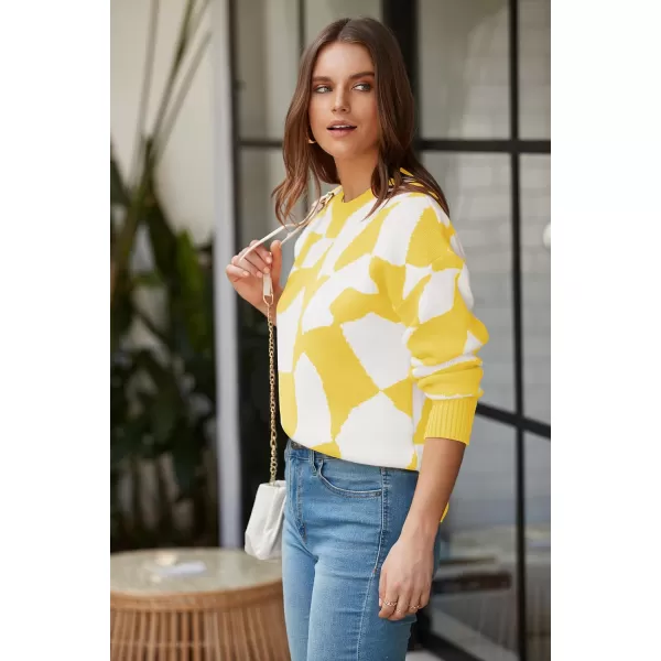 ECOWISH Women Crewneck Pullover Sweater Fall Winter Long Sleeve Casual Ribbed Knit Side Slit Colorblock Jumper Tops397 Yellow