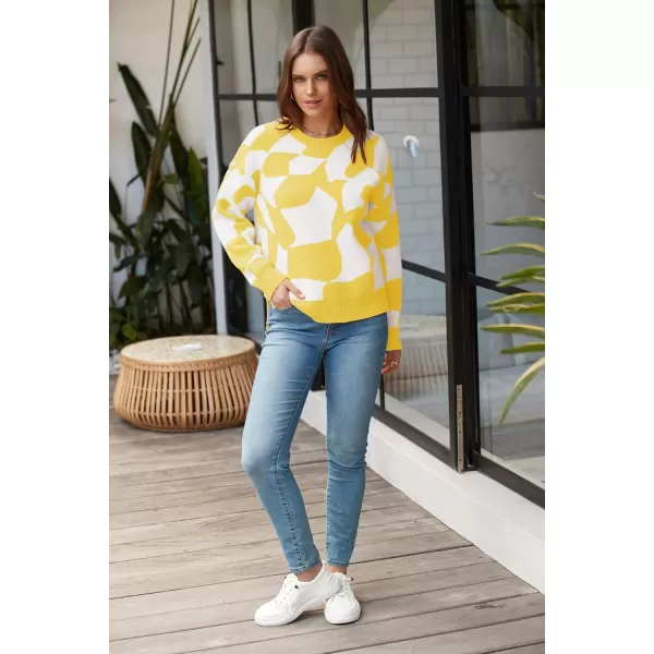 ECOWISH Women Crewneck Pullover Sweater Fall Winter Long Sleeve Casual Ribbed Knit Side Slit Colorblock Jumper Tops397 Yellow