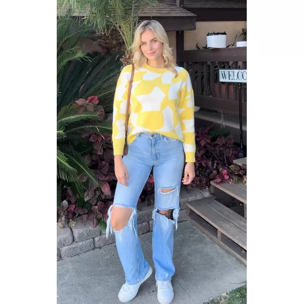 ECOWISH Women Crewneck Pullover Sweater Fall Winter Long Sleeve Casual Ribbed Knit Side Slit Colorblock Jumper Tops397 Yellow