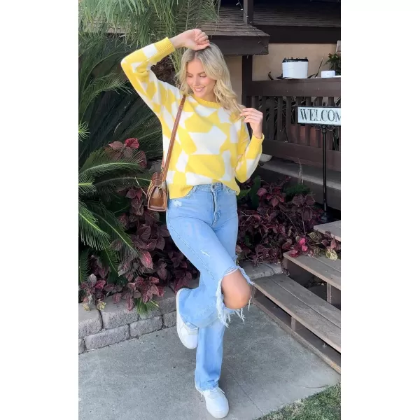 ECOWISH Women Crewneck Pullover Sweater Fall Winter Long Sleeve Casual Ribbed Knit Side Slit Colorblock Jumper Tops397 Yellow