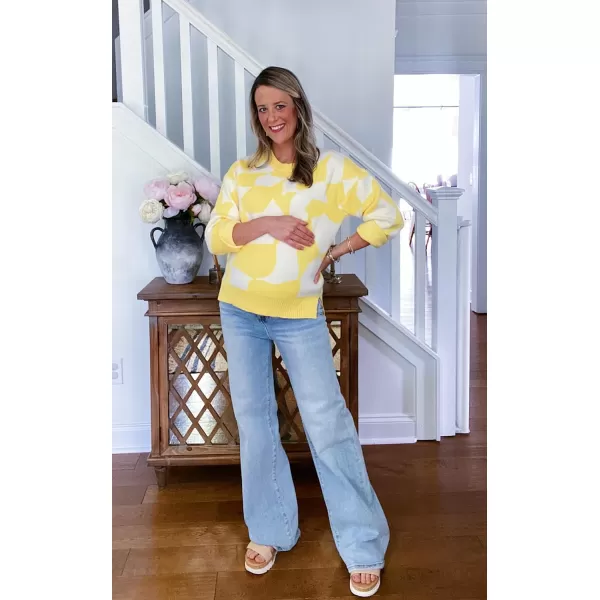 ECOWISH Women Crewneck Pullover Sweater Fall Winter Long Sleeve Casual Ribbed Knit Side Slit Colorblock Jumper Tops397 Yellow