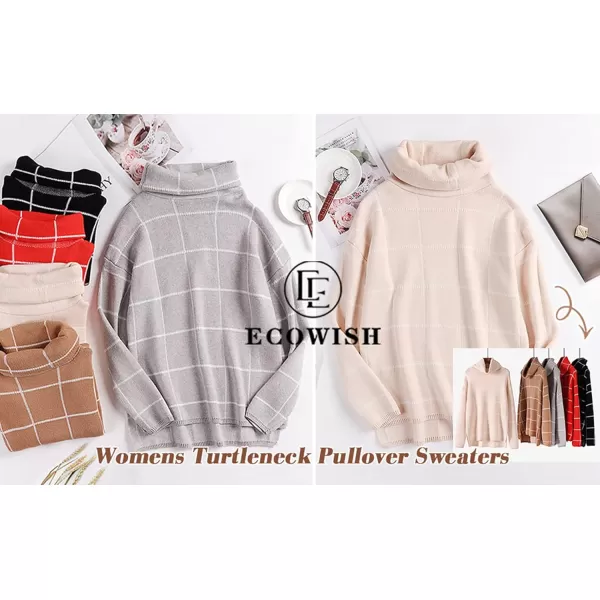 ECOWISH Women Fall Pullover Sweater Turtleneck Plaid Long Sleeve Loose Casual Chunky Checked Knit Winter Sweaters Jumper Tops014beige